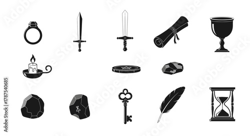 Discover magical fantasy elements like swords, rings, keys, and scrolls for your next creative project, perfect for games and storytelling.