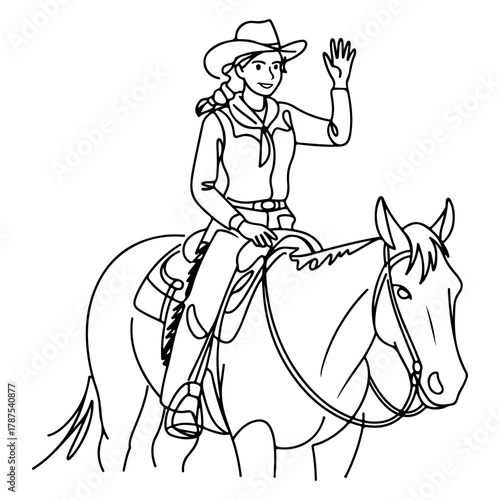 Friendly Cowgirl on Horse Waving Hello, Depicted in Simple Black and White Line Art Style Illustration