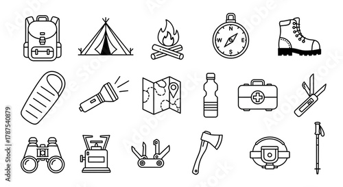 Camping and Hiking Gear Icons