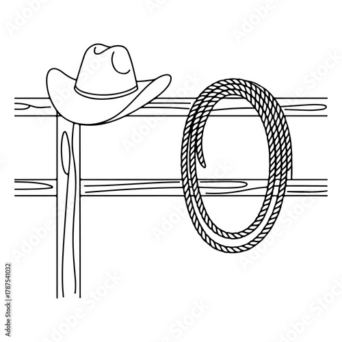Western cowboy hat and lasso on wooden fence illustration
