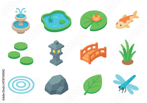 Colorful japanese garden icons: fountain, bridge, koi fish, dragonfly, lantern, leaves