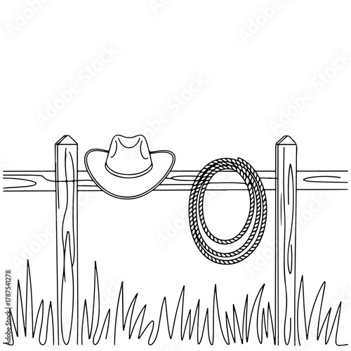 Western Cowboy Hat and Lasso Hanging on Wooden Fence with Grass - Black and White Illustration