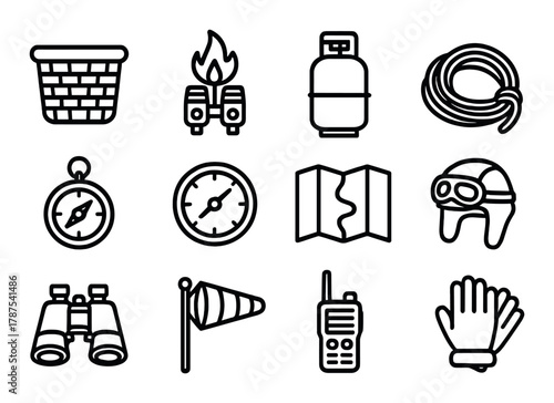 Camping and adventure equipment icons: binoculars, map, compass, gloves, rope, helmet