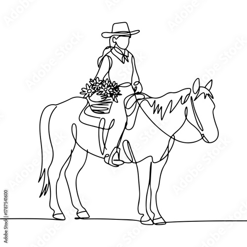 Minimalist Line Art Cowgirl Riding Horse with Flower Basket
