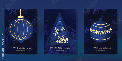 Christmas Luxury gold  invitation card design vector. Christmas pine leaves, snowflake with gold foil and spot texture on navy blue background. Design illustration for cover, print, poster, ads.