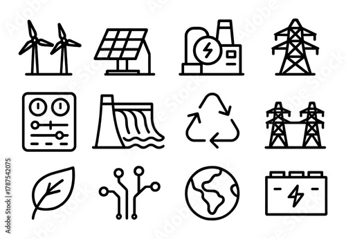 Eco-friendly energy icons: wind, solar, hydroelectric, recycling, power plant