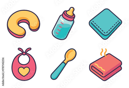 Colorful baby essentials icons set: bottle, bib, spoon, blanket