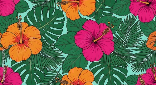 Vibrant tropical hibiscus flowers and lush green monstera leaves create a lively, exotic paradise pattern perfect for summer designs.