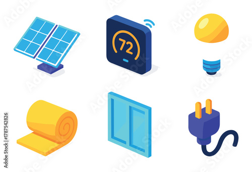 Smart energy devices set: solar panels, thermostat, led bulb, insulation, windows, plug