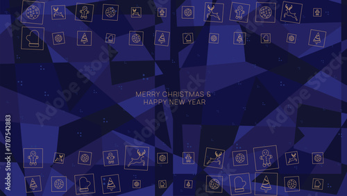 Minimalist Gold Line Christmas Icons on Abstract Dark Blue Geometric Background