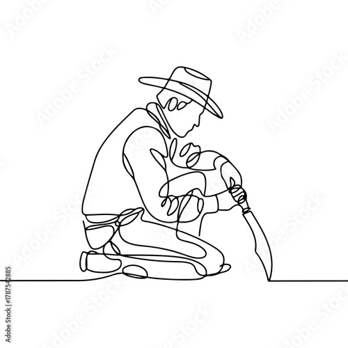 Minimalist continuous line art drawing of a person with a hat, kneeling and working in a garden, symbolizing growth, effort, and outdoor activity