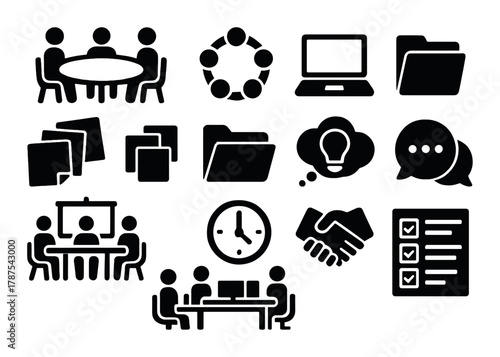 Business meeting icons set: collaboration, communication, timely solutions