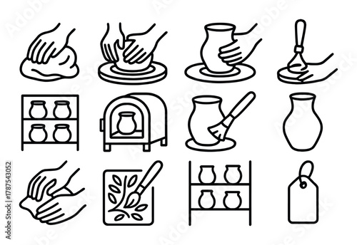 Pottery craft icons: sculpting, kiln, glazing, and tools for ceramic art