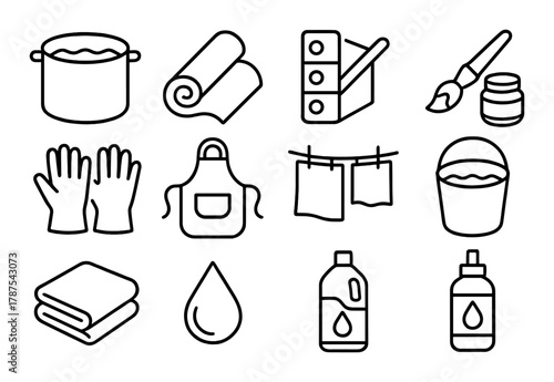 Monochrome laundry and painting icon set with household items