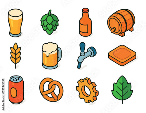 Colorful beer and brewing icons: glass, hops, barrel, bottle, and more on gradient background