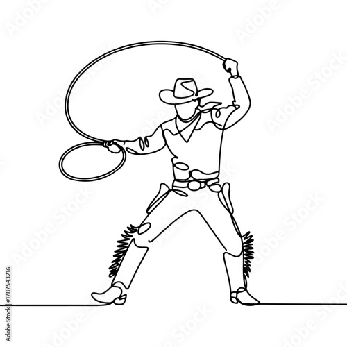 Minimalist continuous line art illustration of a cowboy skillfully twirling a lasso, embodying the spirit of rodeo and traditional western culture