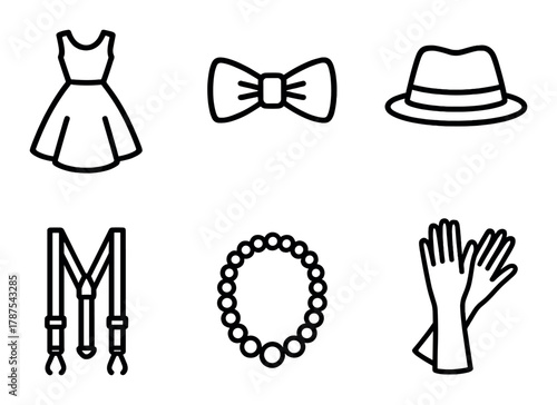 Vector icons of fashion accessories: dress, bow tie, hat, suspenders, necklace, gloves