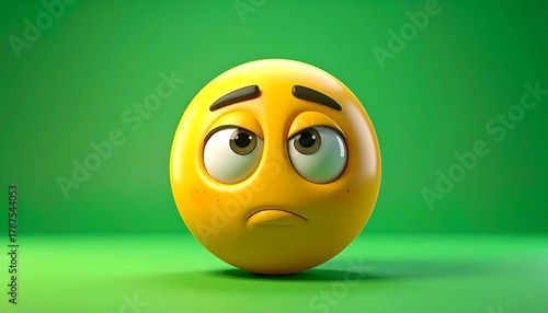 Round yellow emoji with furrowed brows and downturned mouth. Green backdrop