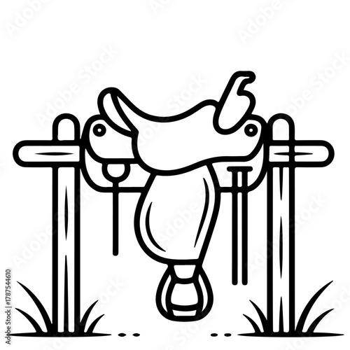 Stylized vector icon of a classic horse saddle, depicting a traditional western riding saddle hung on a rustic wooden rail, perfect for equestrian designs