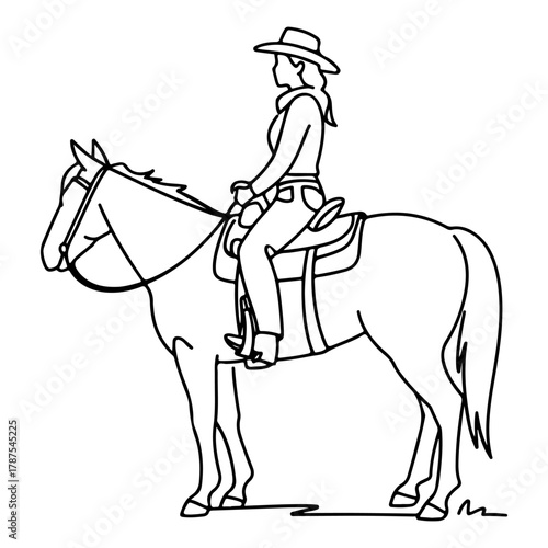 Line art illustration of a woman riding a horse in a cowboy hat and boots