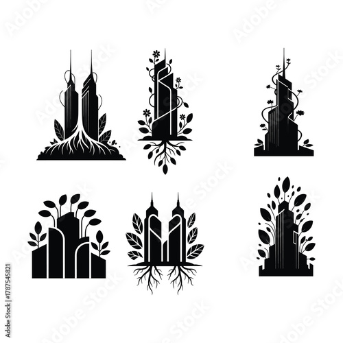 Eco city logos blending nature and architecture.