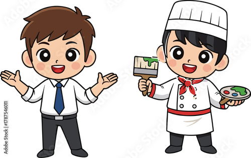 Cartoon business professional and creative chef artist character standing together in uniform, symbolizing teamwork, creativity, and occupational diversity illustration