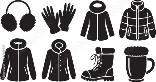 Black and white winter garments seasonal outfits vector snow cold style apparel