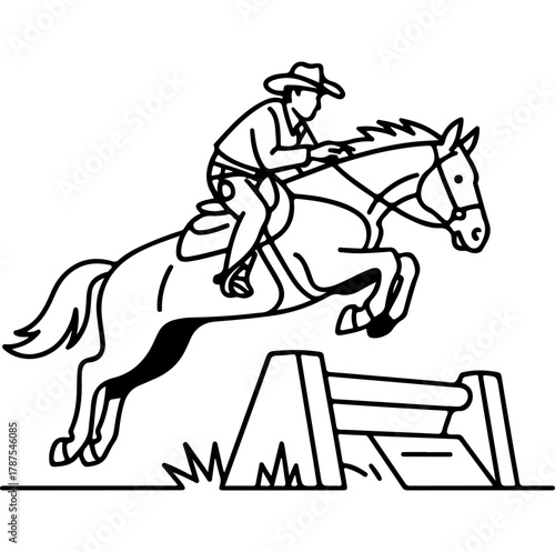 Equestrian athlete gracefully jumping over obstacle on horse with cowboy hat in line art style