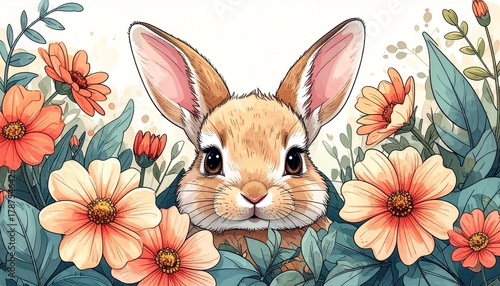 Watercolor Bunny with Flowers - Springtime Delight.