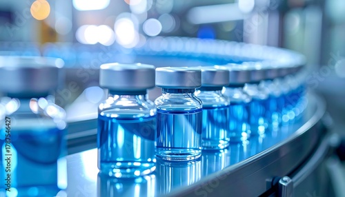 Row of glass vials with blue liquid moving along conveyor in bright, clean, industrial setting