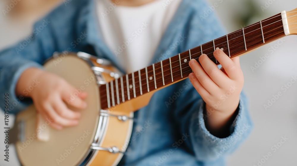 Fototapeta premium Child Playing Banjo at Home Practice