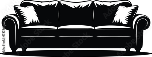 Comfortable couch black silhouette with pillows for interior design in living room