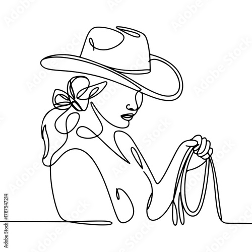 Minimalist Line Art Depiction of a Cowgirl Holding a Lasso, Embodiment of Western Charm and Strength