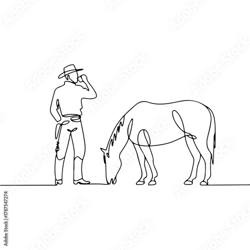Continuous one line drawing of a modern cowboy talking on a phone next to his grazing horse