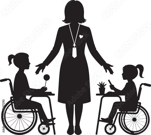Inclusive classroom silhouette showing teacher with students in wheelchair icons