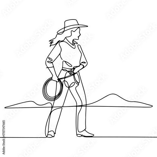 Cowgirl Line Art Lassoing Adventure in a Single Stroke Illustration