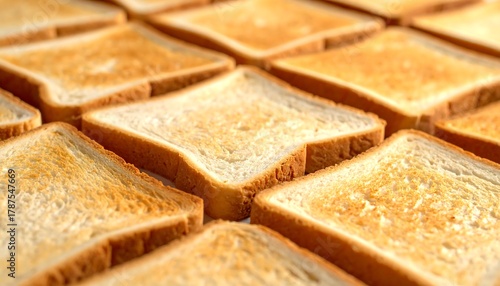 Rows of golden-brown toast slices, close up, angled view, showing texture and subtle variations in browning