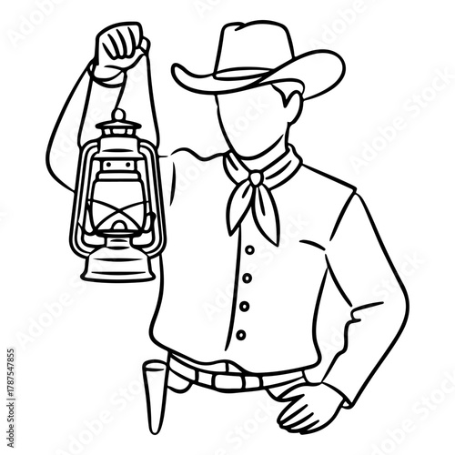 Cowboy Silhouette Holding a Lantern Black and White Illustration, Western Theme