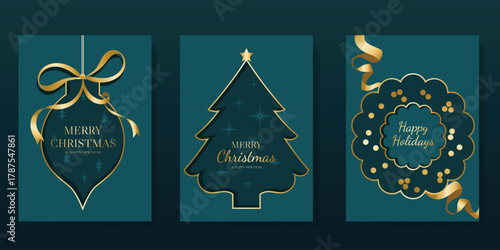 Green Christmas Luxury gold  invitation card design vector. Christmas tree ,deer with gold foil and spot texture on Green  background. Design illustration for cover, print, poster, ads.