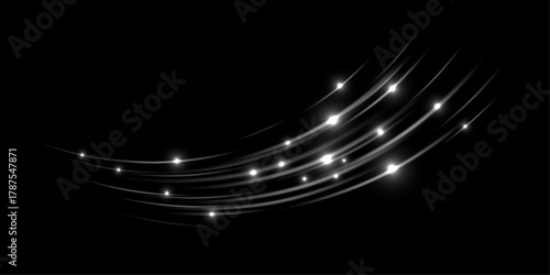 Silver glowing curved light trails with shining particles on black background. Dynamic arc motion with bright flares and speed flow effect. Futuristic glowing lines. Abstract vector illustration.