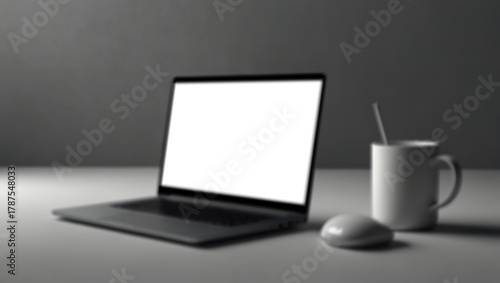 Isometric view mockup of a laptop (open, blank screen, space gray), bright white studio, softbox lighting, ultra-sharp detail, advertising product shot, 8K. Created using generative AI tools