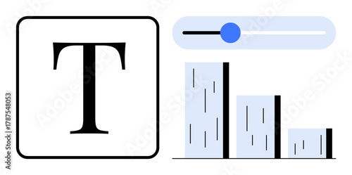 Large letter T represents text formatting, adjustable slider for customization, and bar graph for data representation. Ideal for design, typography, presentation, data, customization, analysis