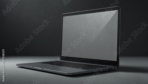 Isometric view mockup of a laptop (open, blank screen, space gray), bright white studio, softbox lighting, ultra-sharp detail, advertising product shot, 8K. Created using generative AI tools
