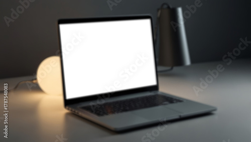 Isometric view mockup of a laptop (open, blank screen, space gray), bright white studio, softbox lighting, ultra-sharp detail, advertising product shot, 8K. Created using generative AI tools