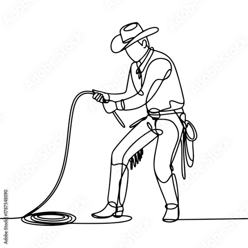 Continuous line drawing of a cowboy holding a lasso, ready to rope, in a western style
