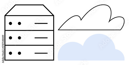 Data server stack and two clouds symbolizing virtual storage, networking, and computing services. Ideal for technology, cloud solutions, data centers, IT infrastructure, backups, hosting simple flat