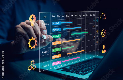 Futuristic digital project management interface showing holographic Gantt chart, glowing task icons, and business analytics dashboard for productivity and data planning.