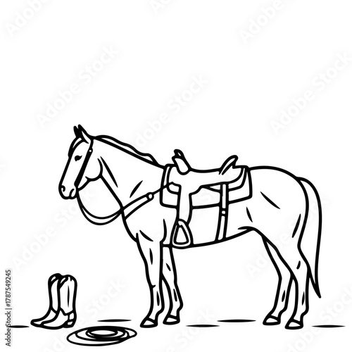 Black and white line drawing of a saddled horse with cowboy boots and lasso on the ground
