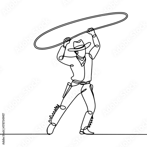 Cowboy lassoing with a rope in a dynamic pose, minimalist continuous line art