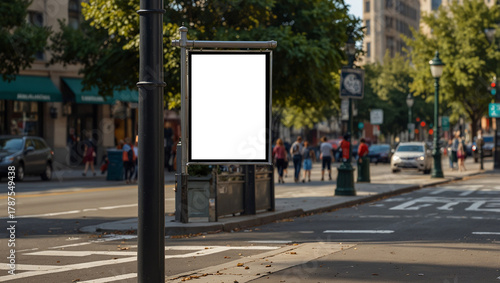 Mockup of a street banner attached to a lamppost on a busy city avenue. Created using generative AI tools
